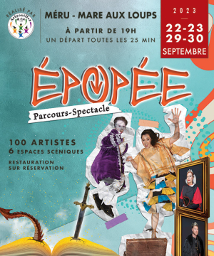 L'affiche du aprcour spectacle Epopée avec deux personnages du spectacle avec des tenues d'époque du 19ème siècle
